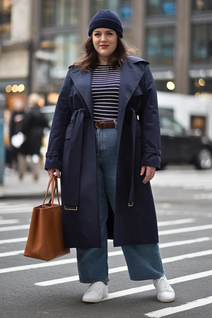 Plus Size Wool Blend Trench Coat with Jeans Winter Outfit