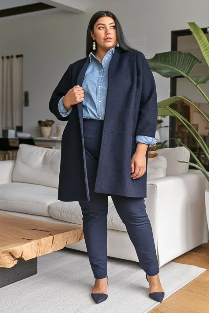 Plus Size Wool Coat With Chambray Shirt And Ponte Pants Outfit
