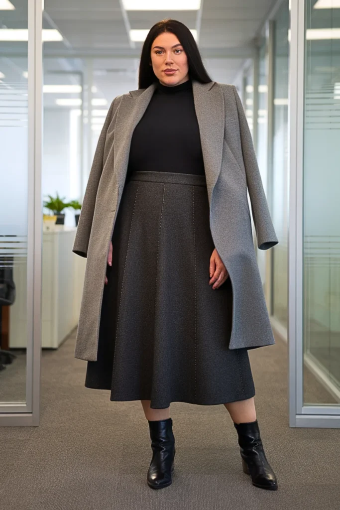 Plus Size Wool Skirt with Fitted Turtleneck and Sleek Topcoat