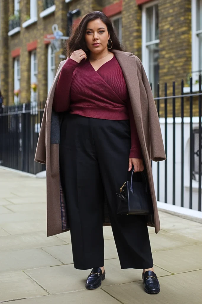 Plus Size Wrap Sweater with Trousers Outfit