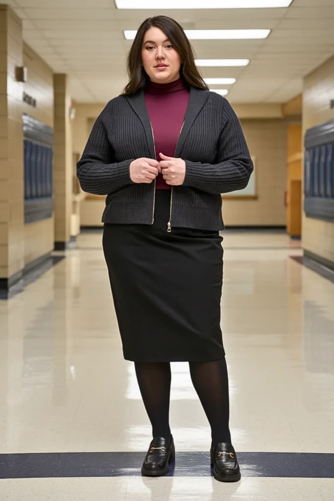 Plus Size Zip Cardigan and Ponte Skirt Outfit