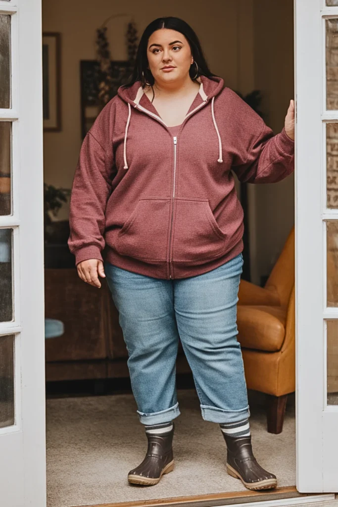 Plus Size Zip-Up Hoodie with Lined Jeans Outfit