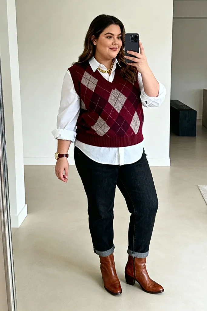 Plus Size Argyle Sweater Vest and Oxford Shirt Outfit