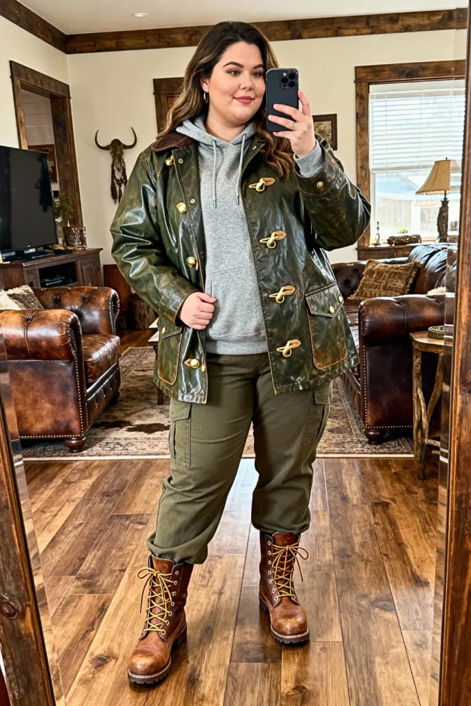 Plus Size Barn Coat With Hoodie Layered Look Outfit