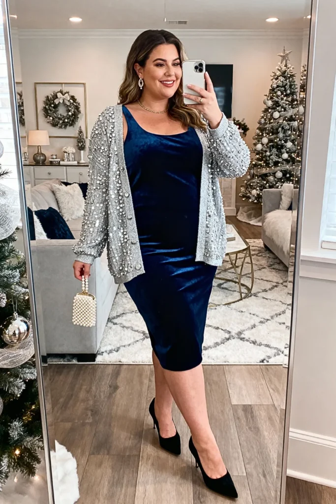 Plus Size Beaded Cardigan and Velvet Dress Outfit