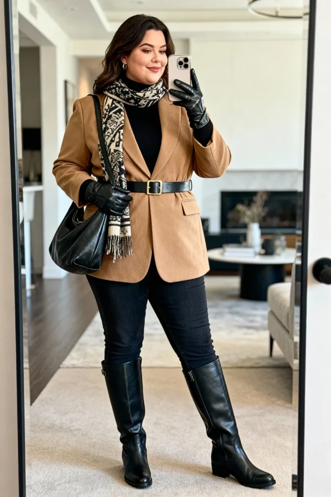 Plus Size Belted Blazer with Boots Outfit