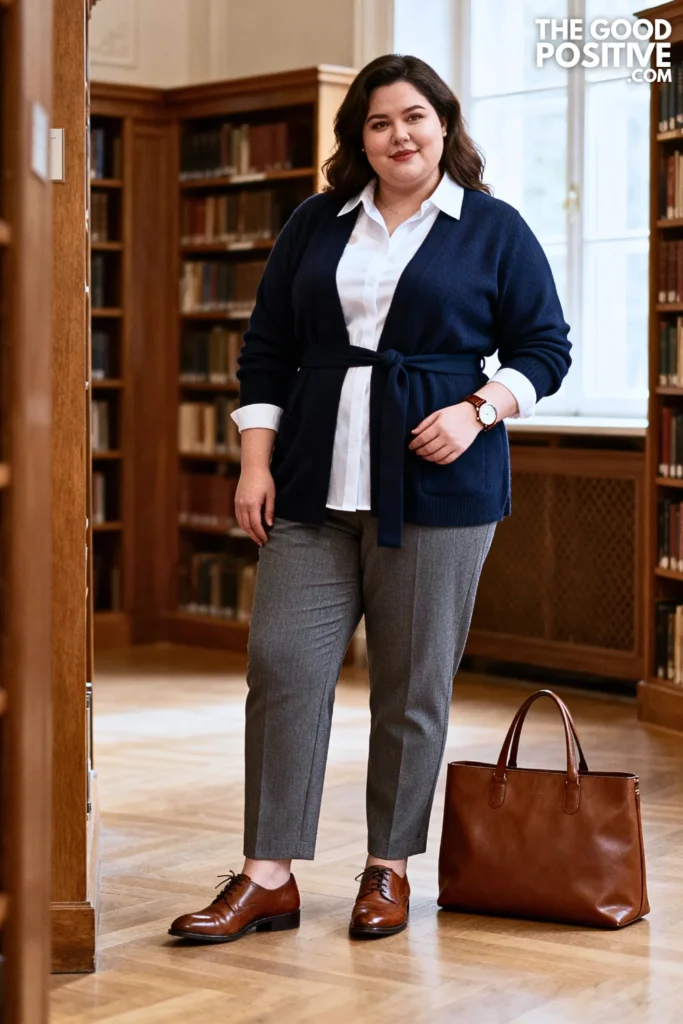 Plus Size Belted Cardigan with Collared Shirt and Trousers Outfit