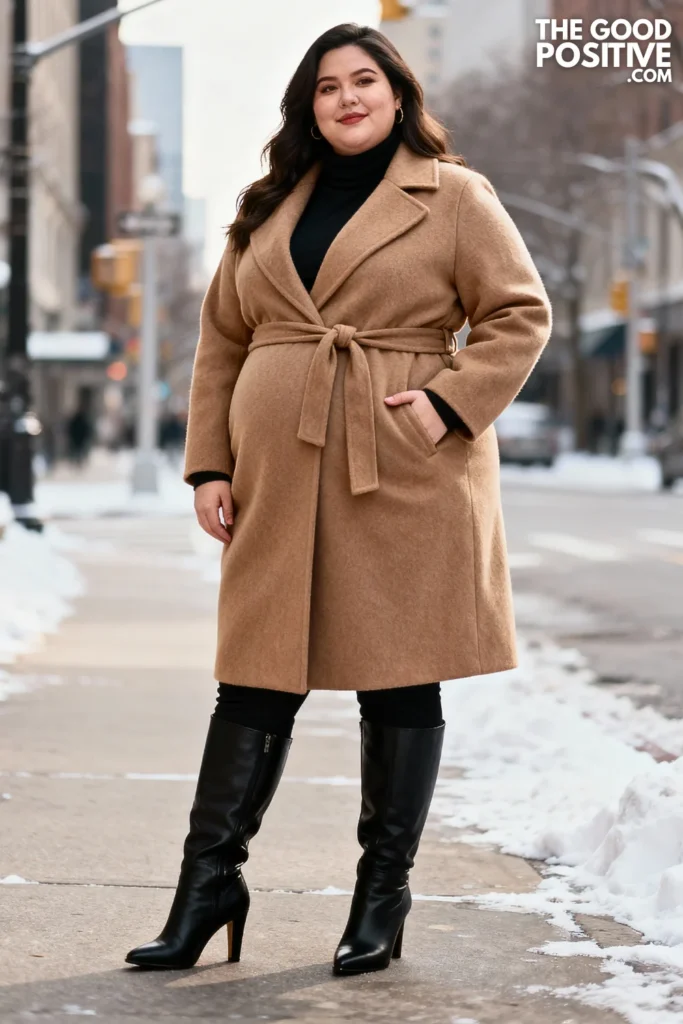 Plus Size Belted Coat Over Monochrome Outfit
