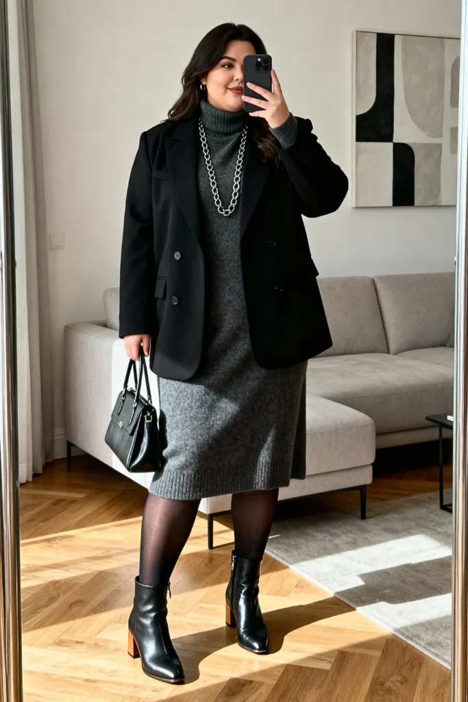 Plus Size Black Blazer with Turtleneck Dress Outfit