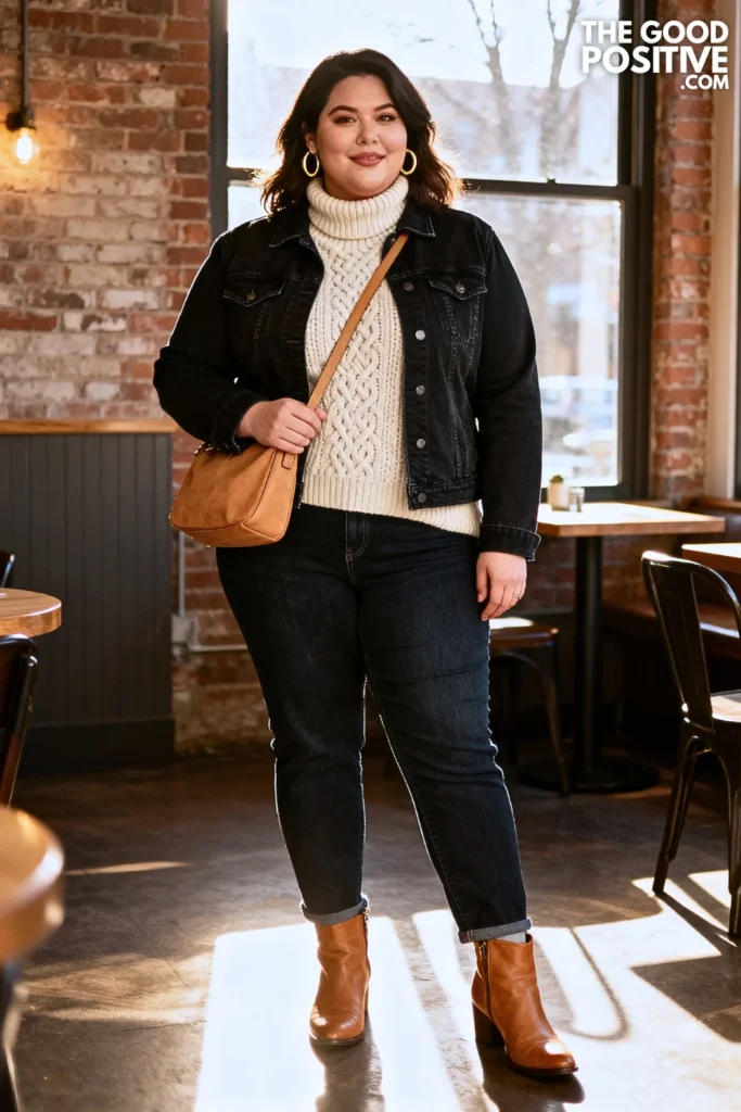 Plus Size Black Denim Jacket Over Turtleneck Sweater Outfit