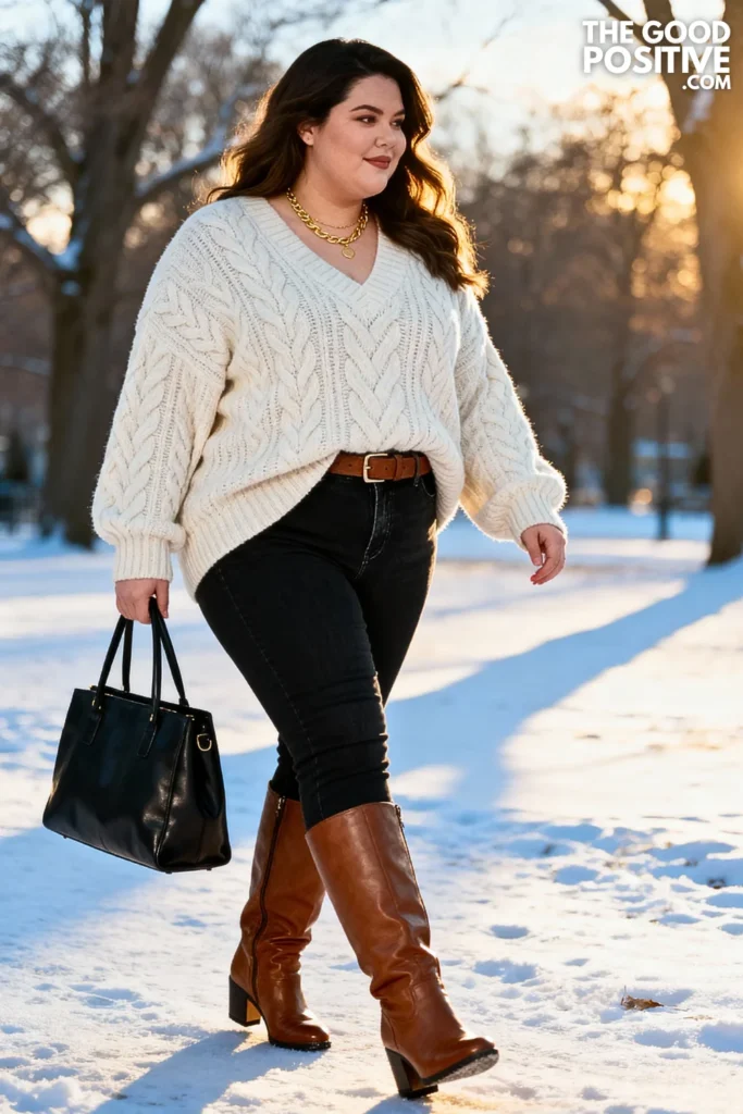 Plus Size Black Denim Skinny Jeans With Oversized Sweater Outfit