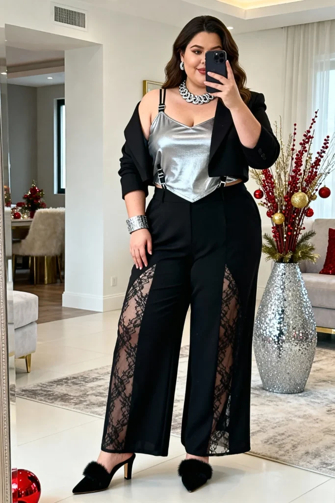 Plus Size Black Lace Overlay Pants and Metallic Cami Outfit