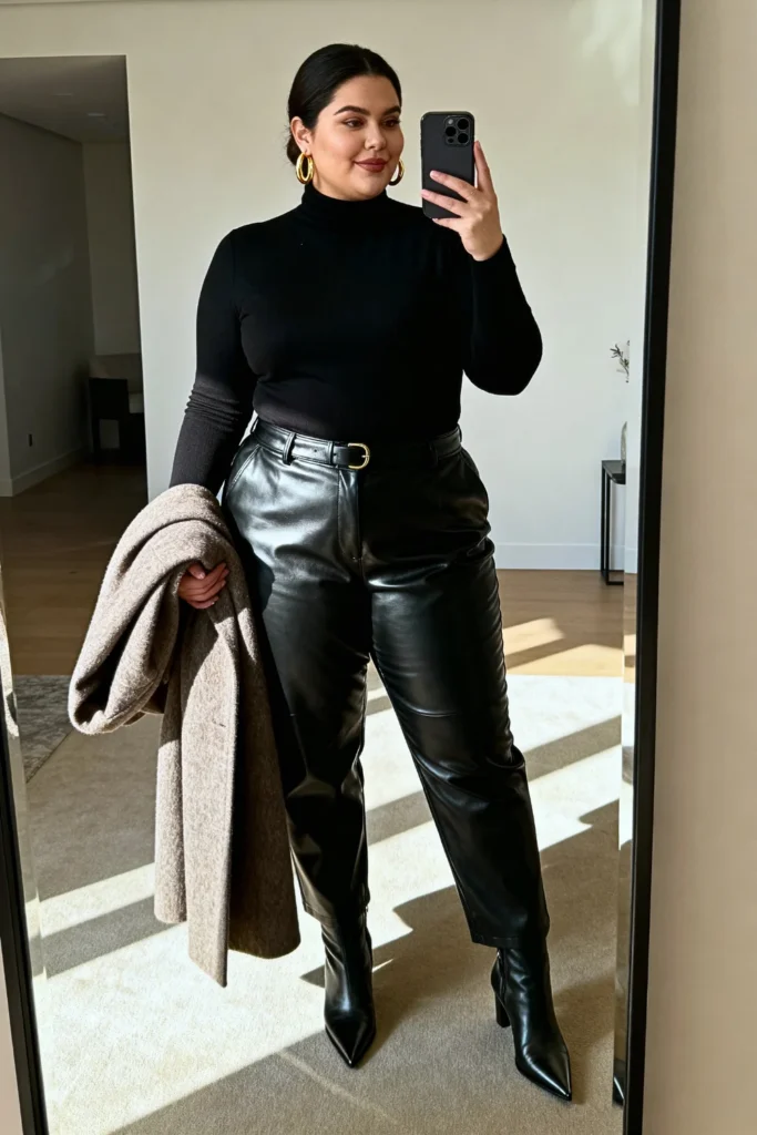 Plus Size Black Turtleneck and Faux Leather Pants Outfit