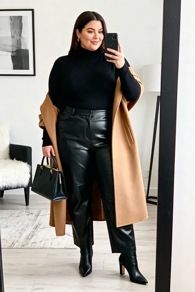 Plus Size Black Turtleneck and Leather Pants Outfit