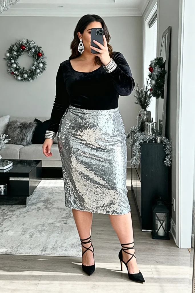 Plus Size Black Velvet Bodysuit and Silver Sequin Skirt Outfit