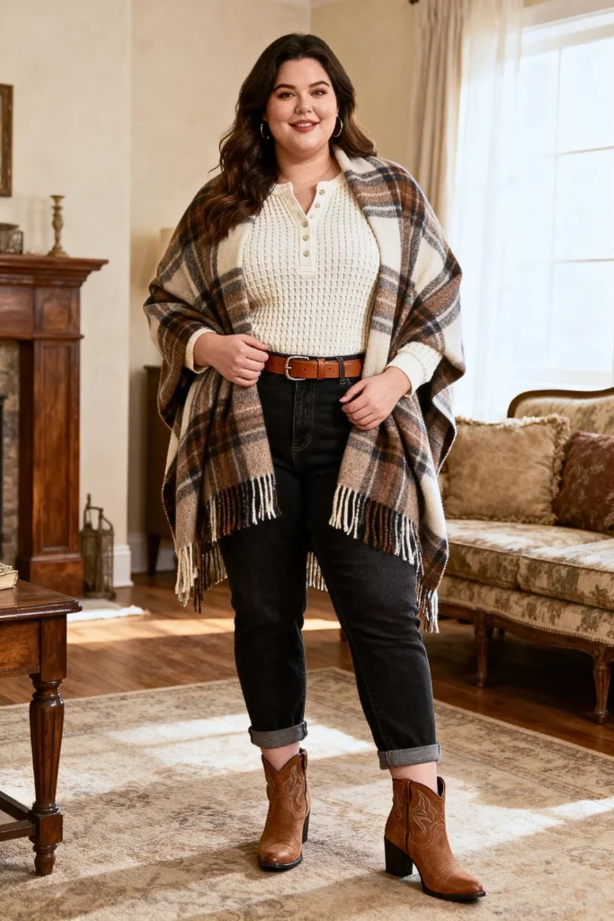 Plus Size Blanket Scarf With Thermal Henley Outfit
