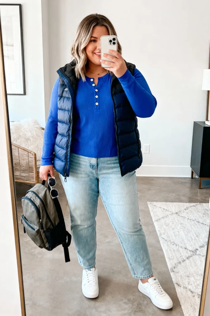 Plus Size Blue Henley and Straight Jeans Outfit