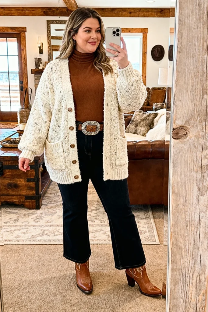 Plus Size Boucle Cardigan With Turtleneck And Jeans Outfit