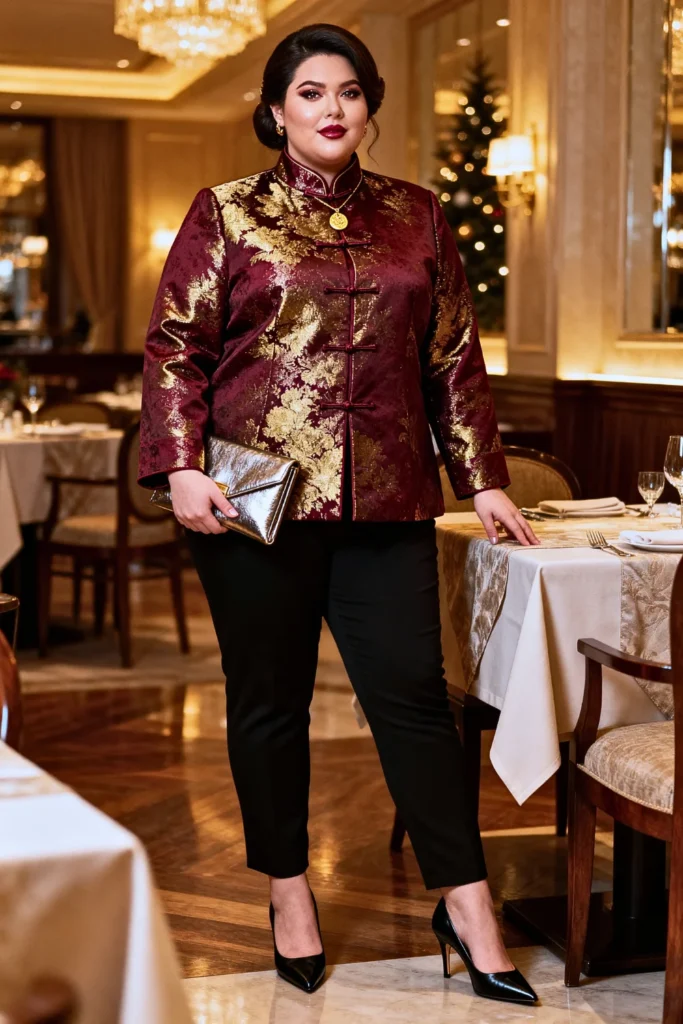 Plus Size Brocade Jacket with Slim-Fit Trousers Outfit