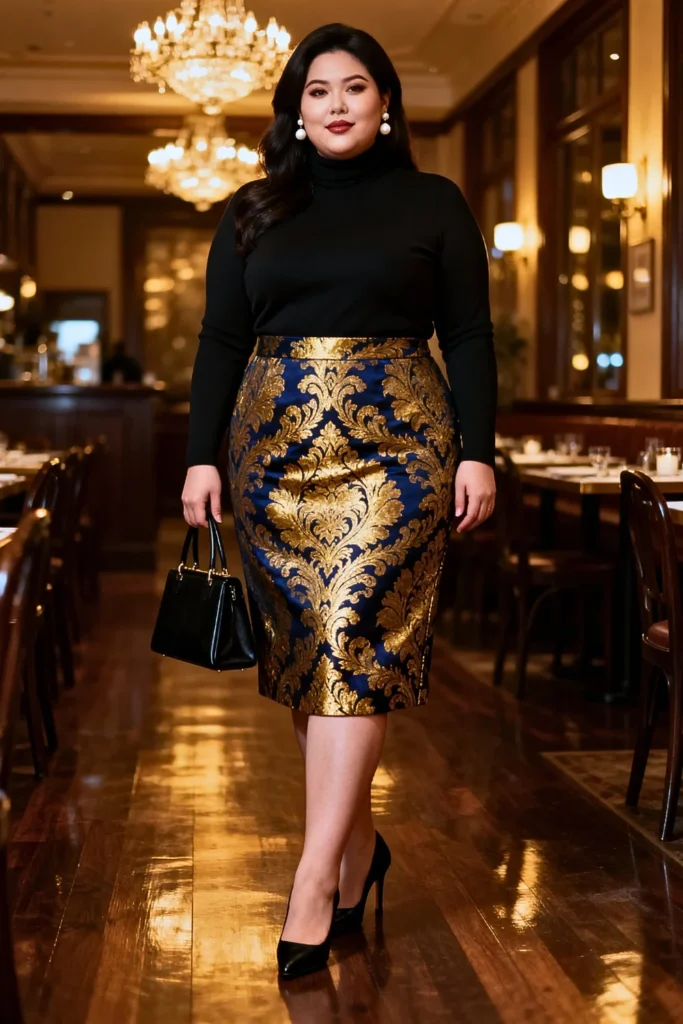 Plus Size Brocade Pencil Skirt with Turtleneck Outfit