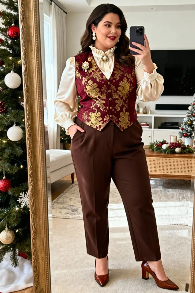 Plus Size Brocade Vest and Silk Blouse Outfit