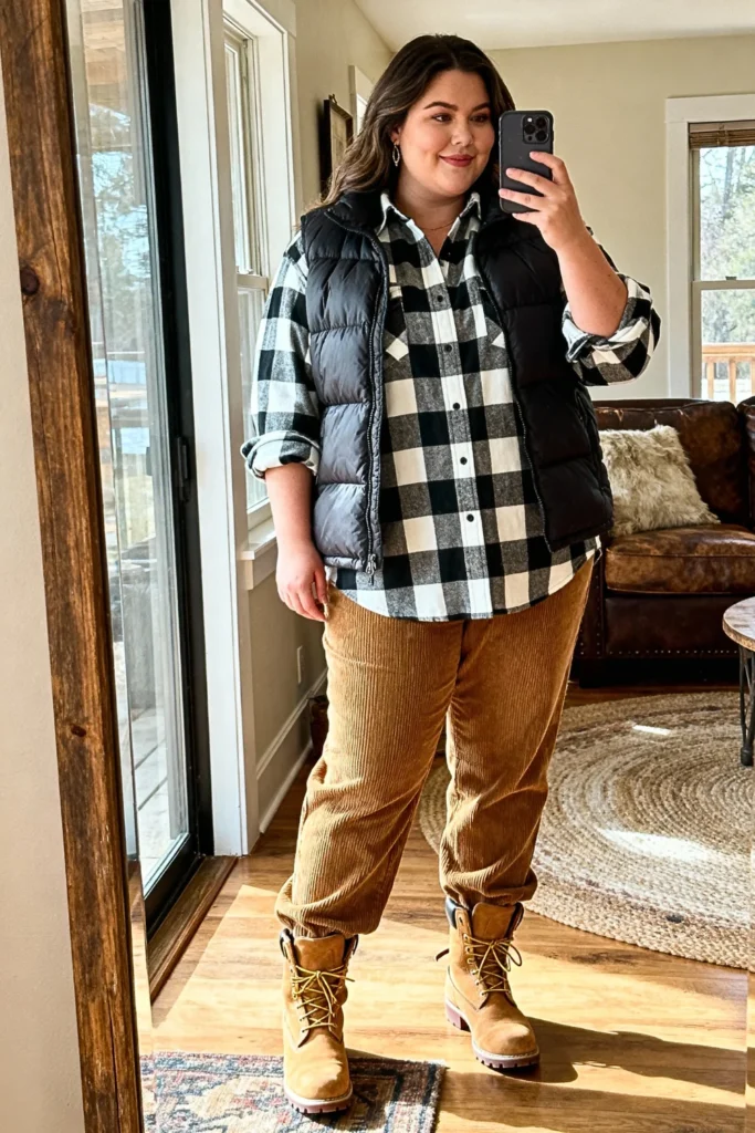 Plus Size Buffalo Check Shirt With Corduroy Pants Outfit