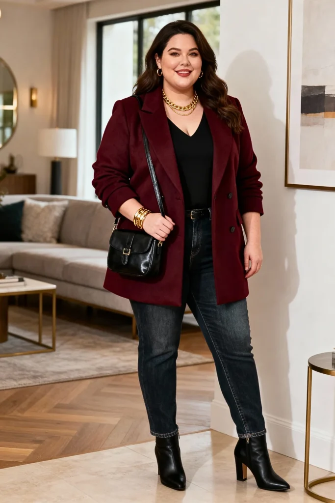 Plus Size Burgundy Blazer with Jeans and Heels Outfit