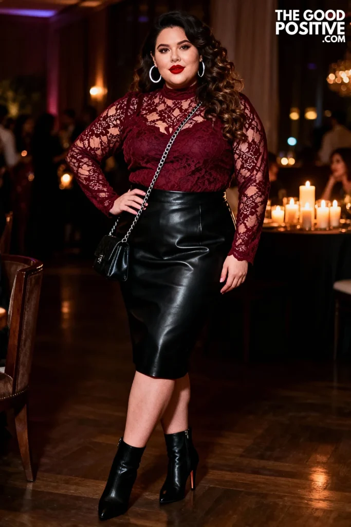 Plus Size Burgundy Lace Top with Faux Leather Skirt Outfit