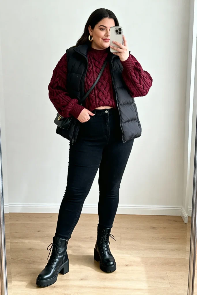 Plus Size Burgundy Sweater and Black Jeans Outfit