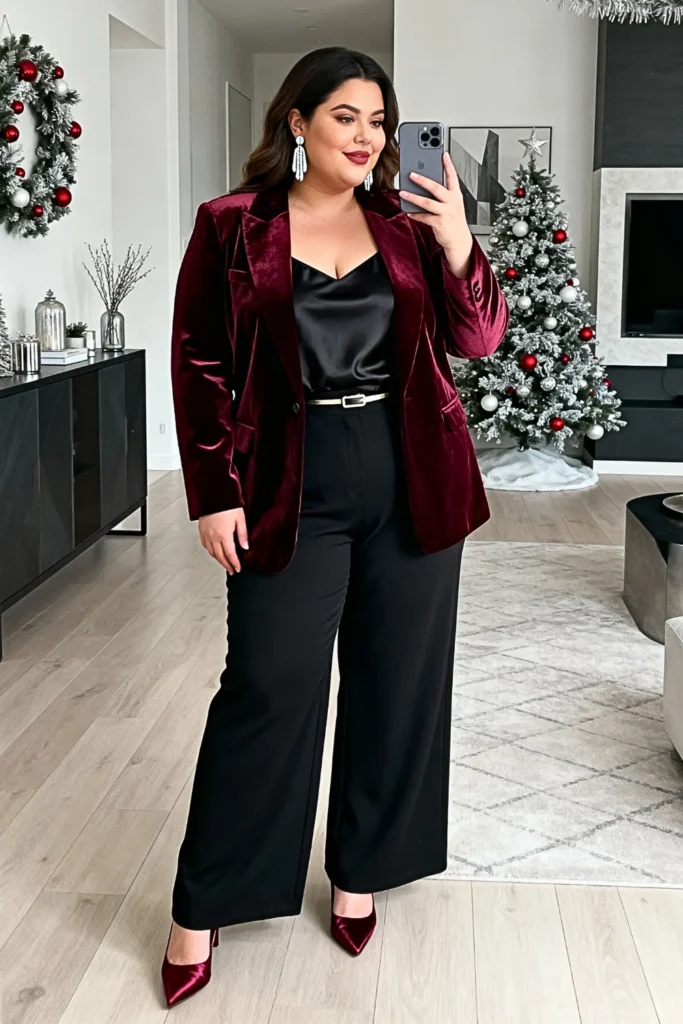 Plus Size Burgundy Velvet Blazer and Wide-Leg Trouser Outfit