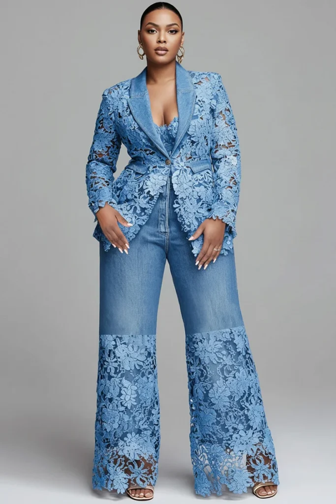 Plus Size Business Casual Blue Lapel Collar Long Sleeve Contrast Elegant See Through Lace Denim Two Piece Pant Suits
