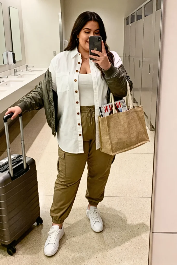 Plus Size Button Down Shirt with Utility Joggers Outfit