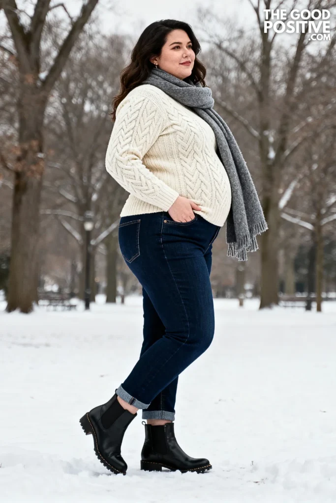 Plus Size Cable Knit Sweater With Barrel-Leg Jeans Outfit