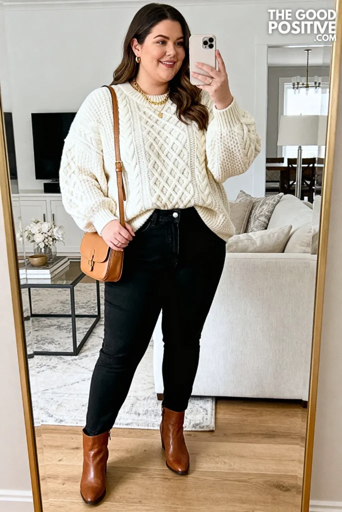 Plus Size Cable Knit Sweater and Black Jeans Outfit