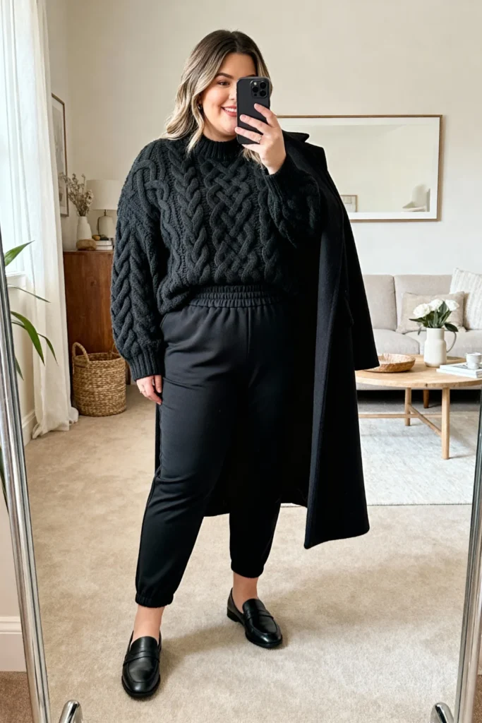 Plus Size Cable Knit Sweater and Ponte Pants Outfit