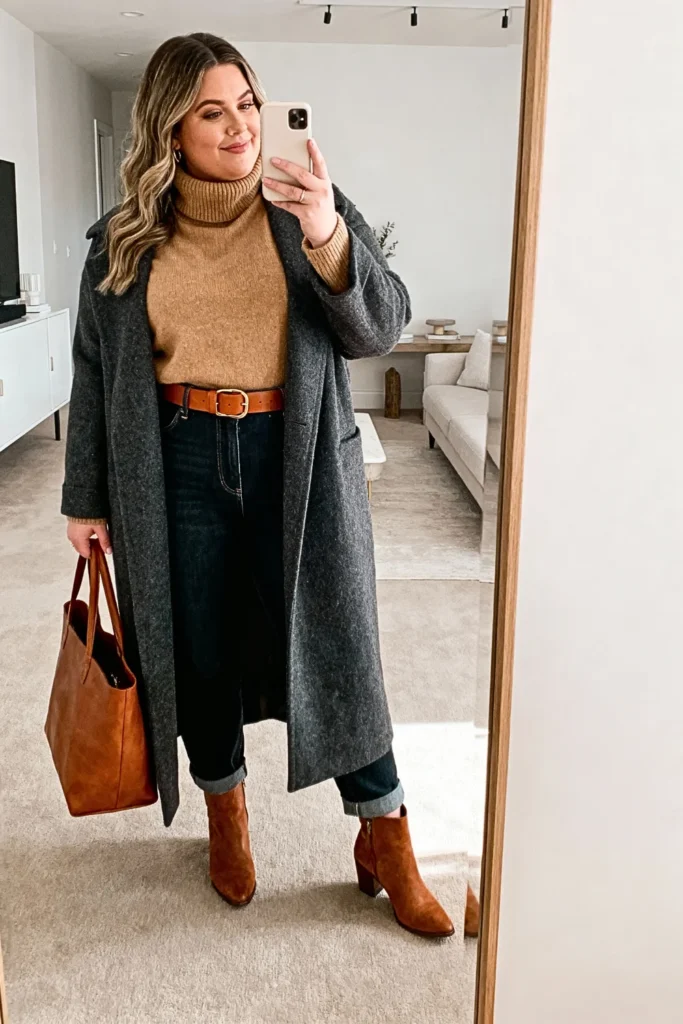 Plus Size Camel Turtleneck and Dark Wash Jeans Outfit