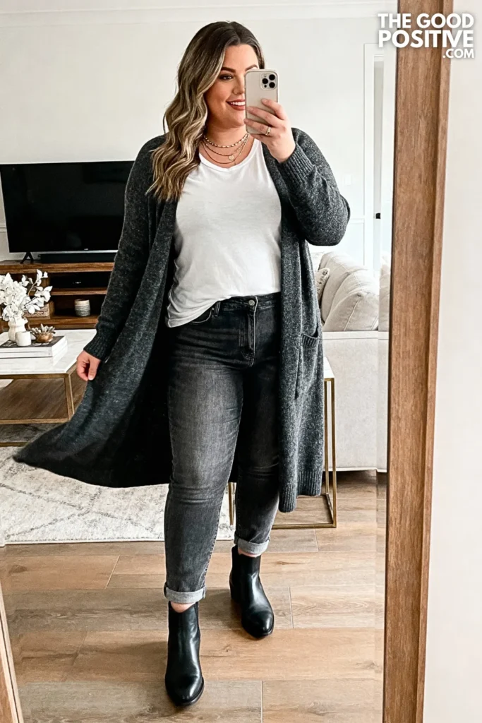 Plus Size Cardigan Over T-Shirt and Denim Outfit