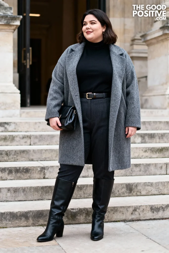 Plus Size Cashmere Blend Coat with Mock Neck Top and Boots Outfit