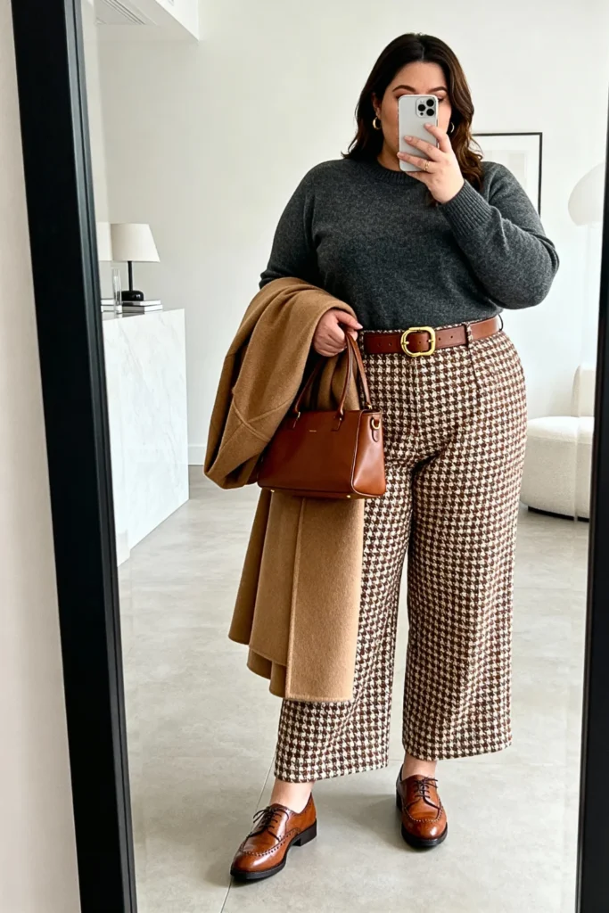 Plus Size Cashmere Crewneck and Tweed Pants Outfit