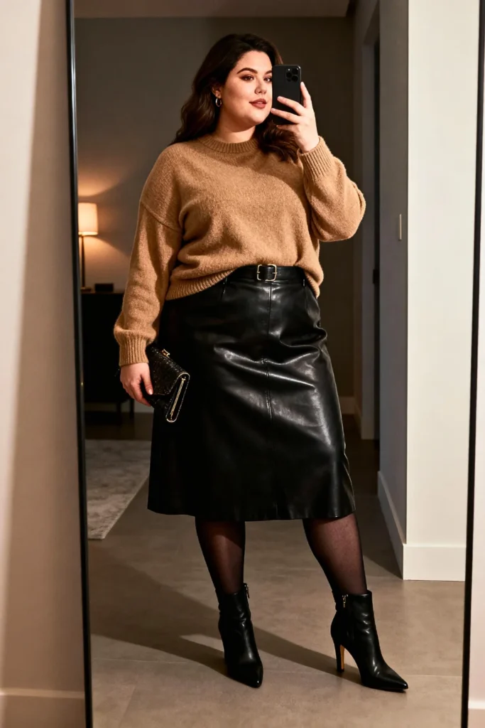 Plus Size Cashmere Sweater and Leather Skirt Outfit