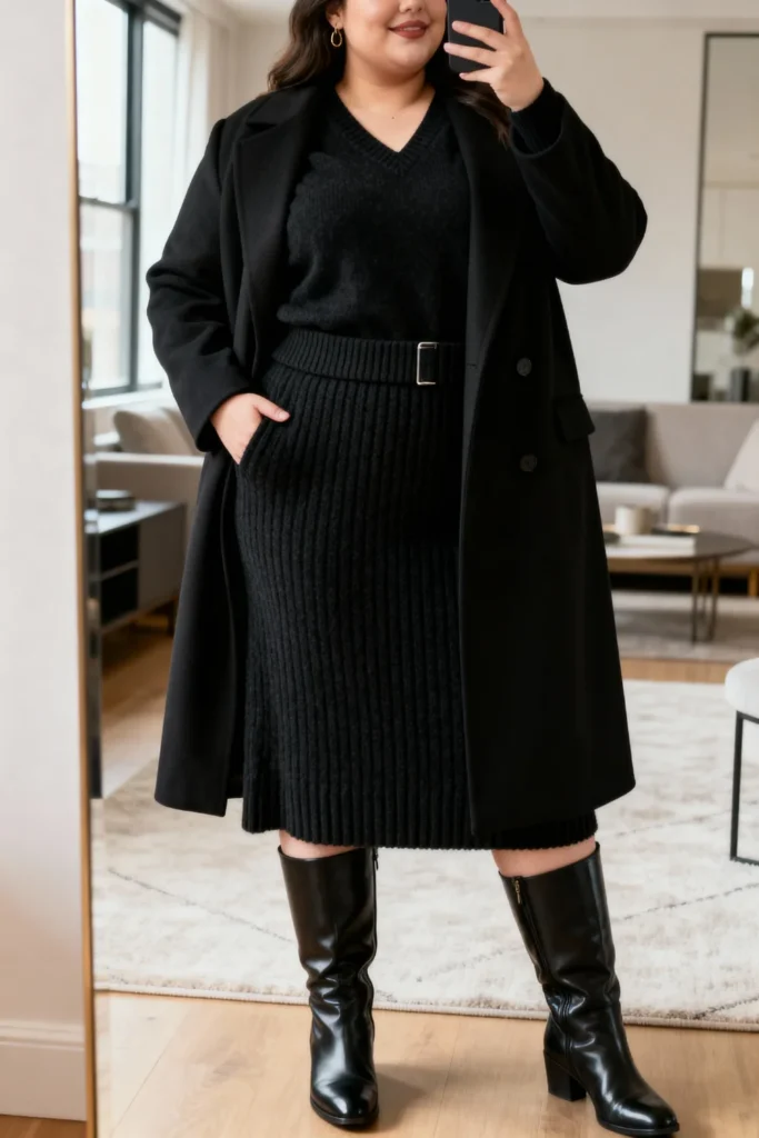 Plus Size Cashmere Sweater and Midi Skirt Outfit