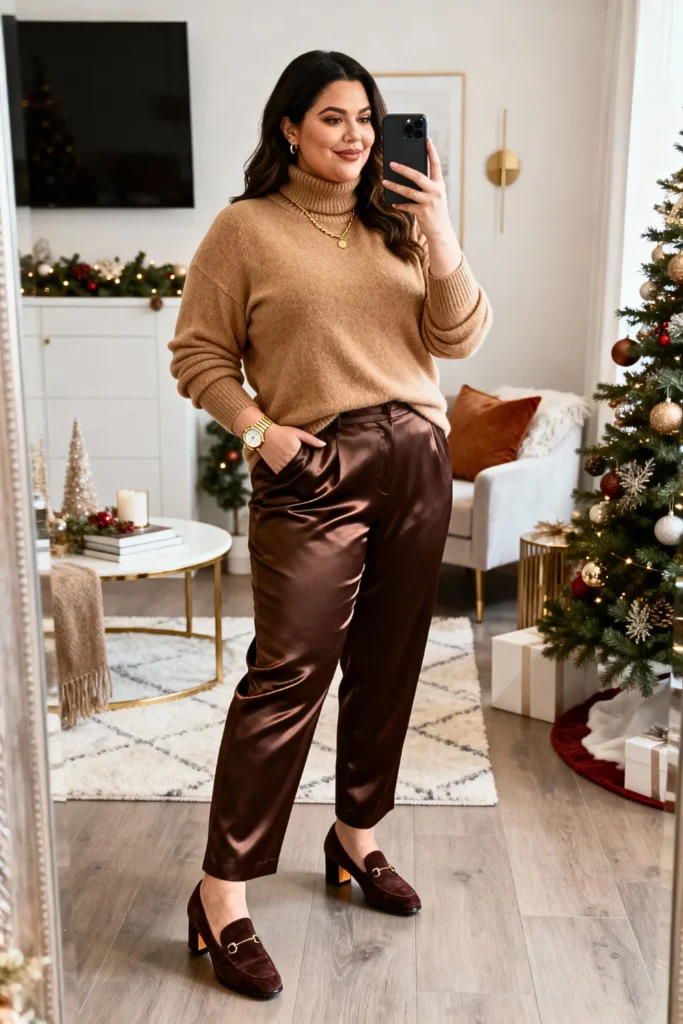 Plus Size Cashmere Turtleneck and Satin Trousers Outfit