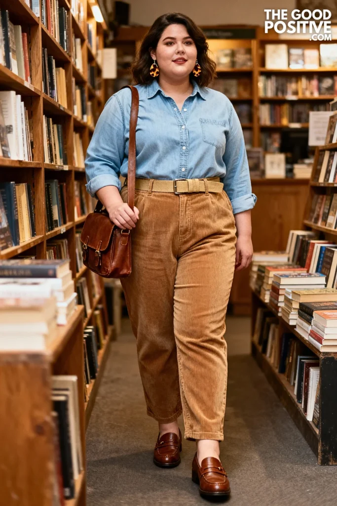 Plus Size Chambray Shirt With Corduroy Pants Outfit