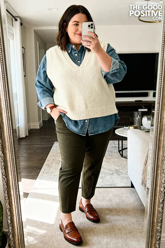 Plus Size Chambray Shirt and Sweater Vest Outfit