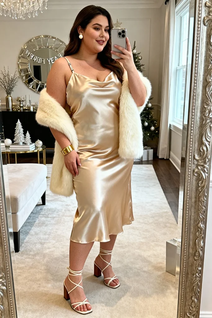 Plus Size Champagne Satin Slip Dress with Faux Fur Stole Outfit