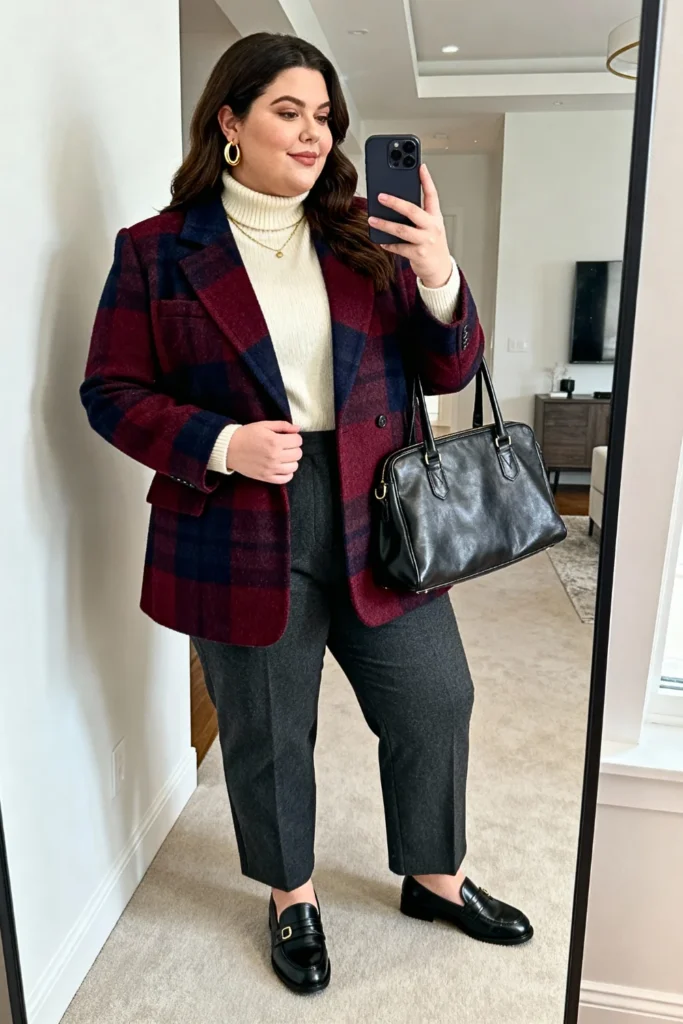 Plus Size Checked Blazer and Turtleneck Outfit