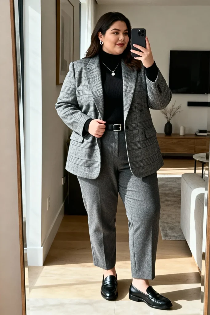 Plus Size Checked Blazer with Turtleneck and Trousers Outfit
