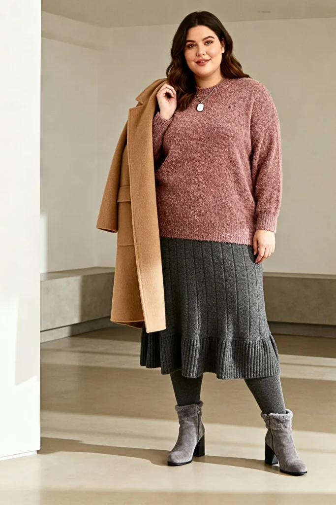 Plus Size Chenille Sweater with Midi Skirt Outfit