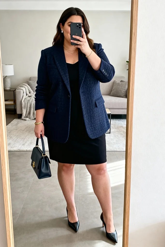Plus Size Collarless Blazer with Shift Dress Outfit