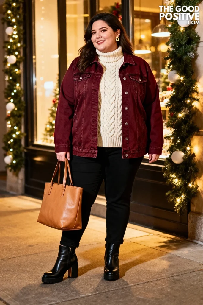 Plus Size Colored Denim Jacket With Neutral Basics Outfit